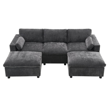 Divano componibile in ciniglia a forma di U da 86,5 pollici con tasche portaoggetti, 2 pouf mobili e cuscini decorativi per il soggiorno