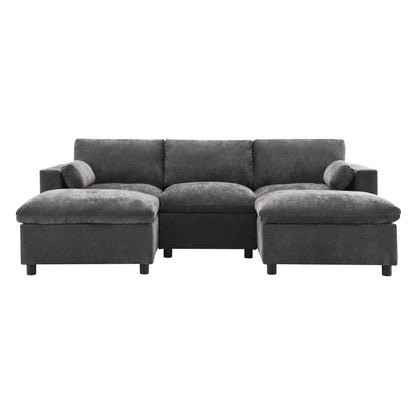 Divano componibile in ciniglia a forma di U da 86,5 pollici con tasche portaoggetti, 2 pouf mobili e cuscini decorativi per il soggiorno