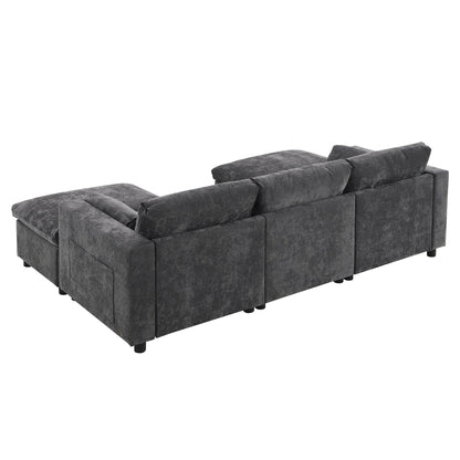 Divano componibile in ciniglia a forma di U da 86,5 pollici con tasche portaoggetti, 2 pouf mobili e cuscini decorativi per il soggiorno