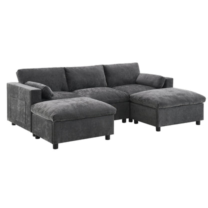 Divano componibile in ciniglia a forma di U da 86,5 pollici con tasche portaoggetti, 2 pouf mobili e cuscini decorativi per il soggiorno