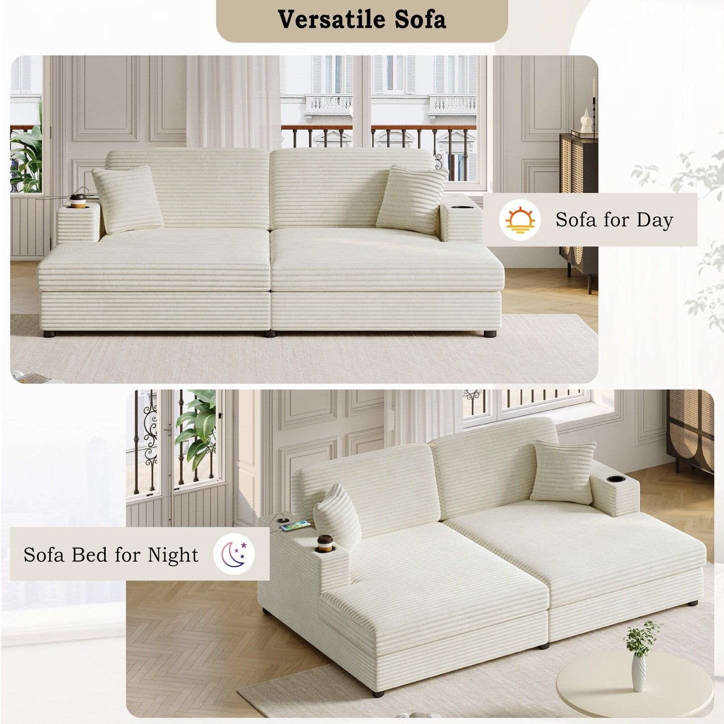 Divano chaise longue in velluto a coste da 86,5 pollici con 2 porte USB, portabicchieri e capacità di 550 libbre