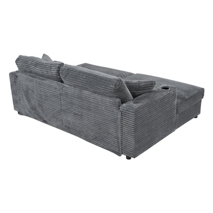 Divano chaise longue in velluto a coste da 86,5 pollici con 2 porte USB, portabicchieri e capacità di 550 libbre