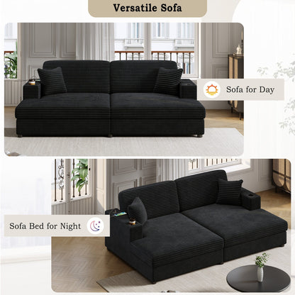 Divano chaise longue in velluto a coste da 86,5 pollici con 2 porte USB, portabicchieri e capacità di 550 libbre