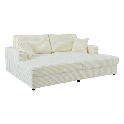 Divano chaise longue in velluto a coste da 86,5 pollici con 2 porte USB, portabicchieri e capacità di 550 libbre