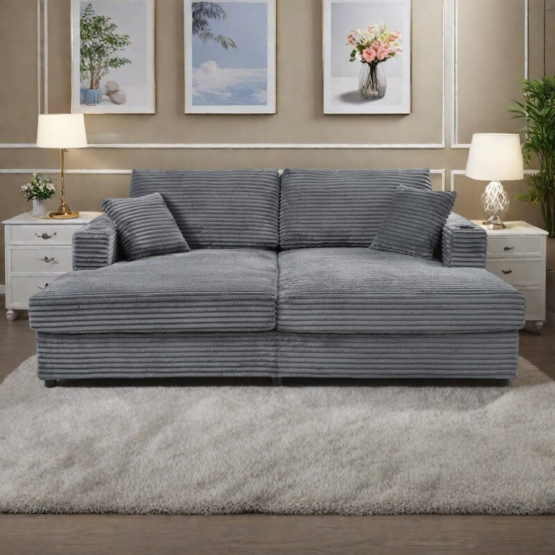 Divano chaise longue in velluto a coste da 86,5 pollici con 2 porte USB, portabicchieri e capacità di 550 libbre