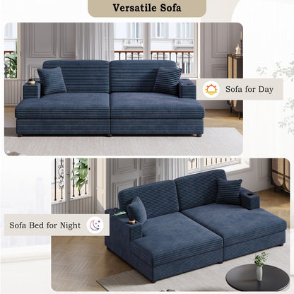 Divano chaise longue in velluto a coste da 86,5 pollici con 2 porte USB, portabicchieri e capacità di 550 libbre