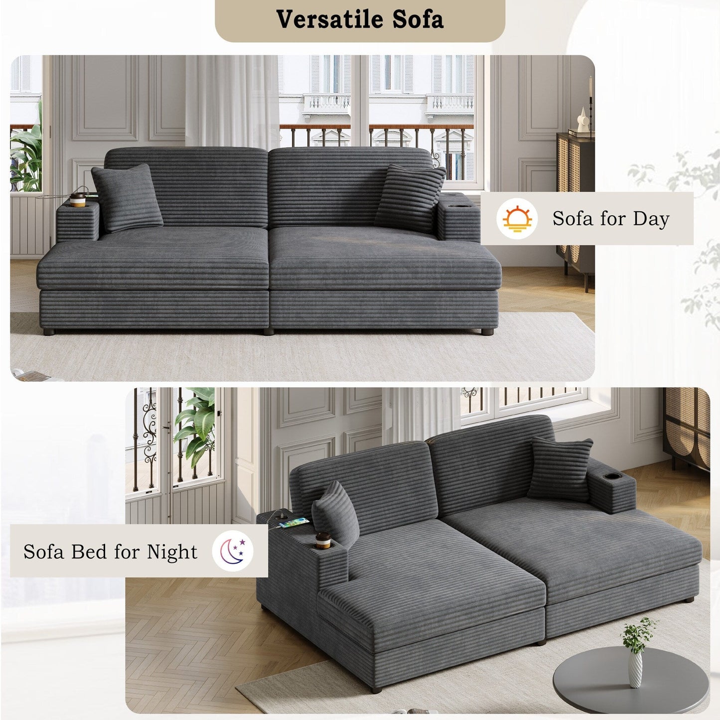 Divano chaise longue in velluto a coste da 86,5 pollici con 2 porte USB, portabicchieri e capacità di 550 libbre