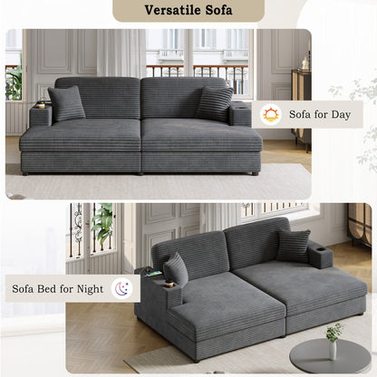 Divano chaise longue in velluto a coste da 86,5 pollici con 2 porte USB, portabicchieri e capacità di 550 libbre