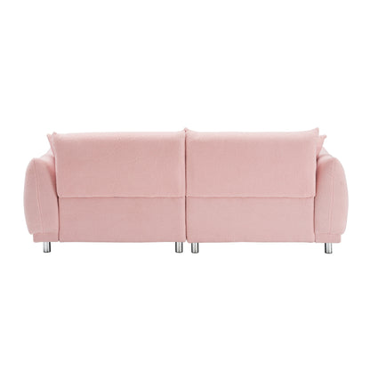 Divano rosa in pile di peluche da 86,6 pollici con quattro cuscini e piedini in metallo che può stare comodamente in una camera da letto di un appartamento