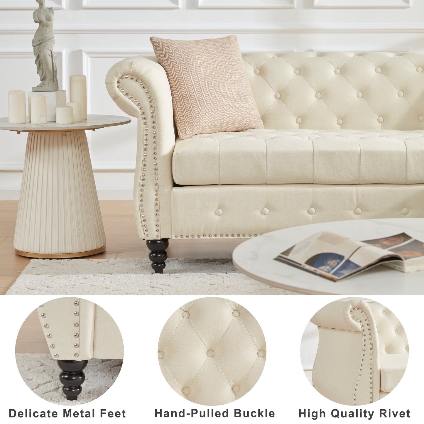 Divano Chesterfield in lino da 86,6'' a 3 posti con chaise longue, braccioli arrotolati, dettagli con borchie e gambe in legno color zucca
