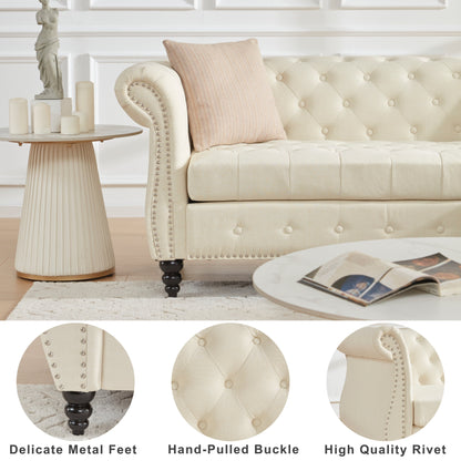 Divano Chesterfield in lino da 86,6'' a 3 posti con chaise longue, braccioli arrotolati, dettagli con borchie e gambe in legno color zucca
