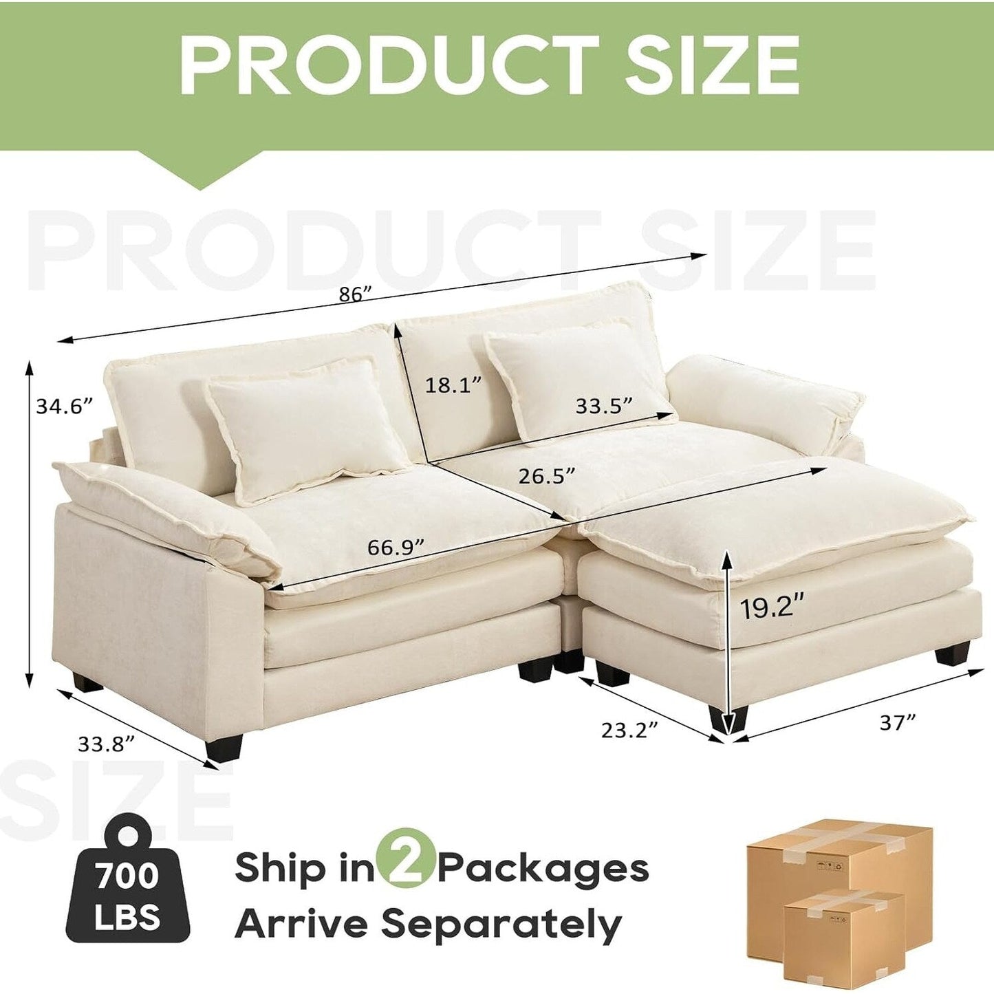 Divano componibile 86 Cloud - Divano a L in ciniglia con pouf e cuscini, seduta profonda (beige bianco)