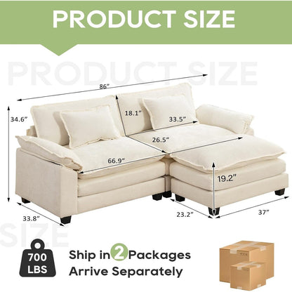 Divano componibile 86 Cloud - Divano a L in ciniglia con pouf e cuscini, seduta profonda (beige bianco)