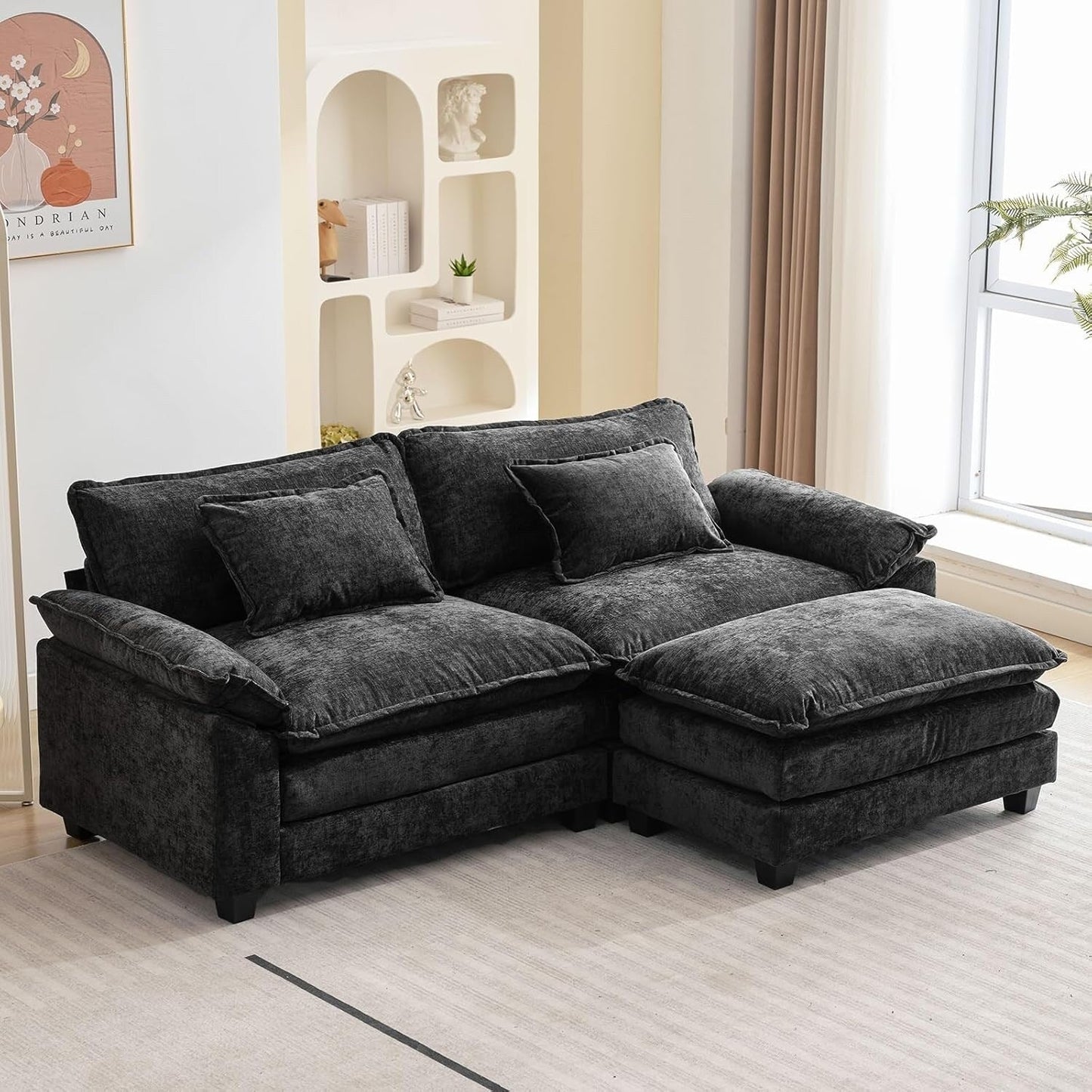 Divano componibile 86 Cloud - Divano a L in ciniglia con pouf e cuscini, seduta profonda (beige bianco)