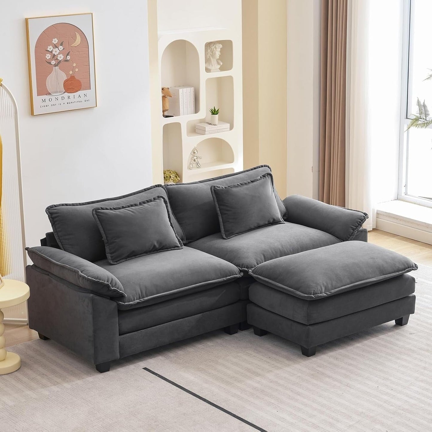 Divano componibile 86 Cloud - Divano a L in ciniglia con pouf e cuscini, seduta profonda (beige bianco)