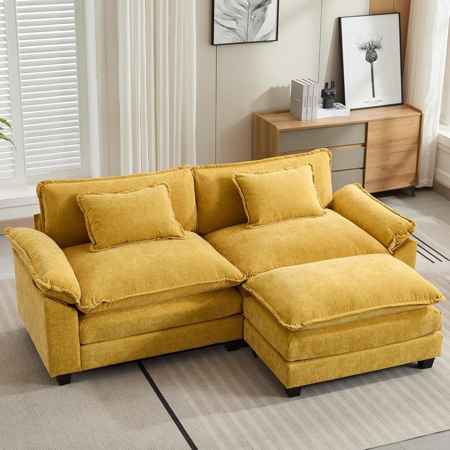 Divano componibile 86 Cloud - Divano a L in ciniglia con pouf e cuscini, seduta profonda (beige bianco)