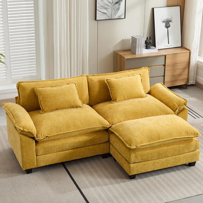 Divano componibile 86 Cloud - Divano a L in ciniglia con pouf e cuscini, seduta profonda (beige bianco)