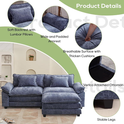 Divano componibile 86 Cloud - Divano a L in ciniglia con pouf e cuscini, seduta profonda (beige bianco)
