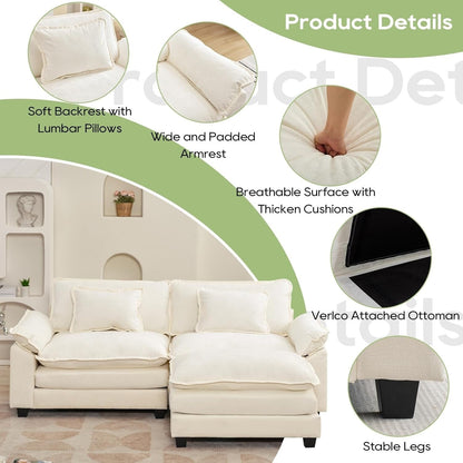 Divano componibile 86 Cloud - Divano a L in ciniglia con pouf e cuscini, seduta profonda (beige bianco)