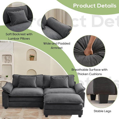 Divano componibile 86 Cloud - Divano a L in ciniglia con pouf e cuscini, seduta profonda (beige bianco)