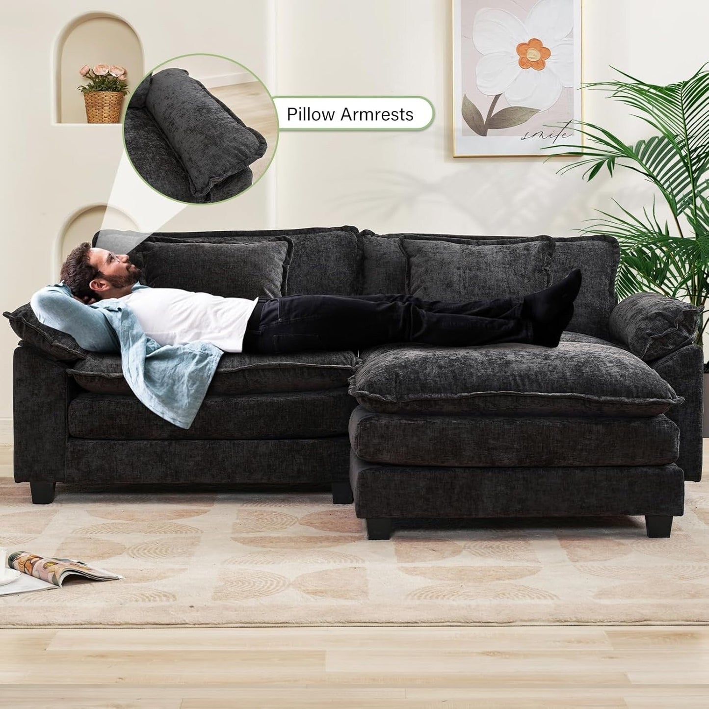 Divano componibile 86 Cloud - Divano a L in ciniglia con pouf e cuscini, seduta profonda (beige bianco)