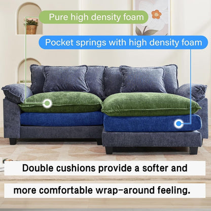 Divano componibile 86 Cloud - Divano a L in ciniglia con pouf e cuscini, seduta profonda (beige bianco)