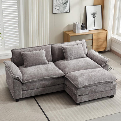 Divano componibile 86 Cloud - Divano a L in ciniglia con pouf e cuscini, seduta profonda (beige bianco)