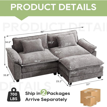 Divano componibile 86 Cloud - Divano a L in ciniglia con pouf e cuscini, seduta profonda (beige bianco)