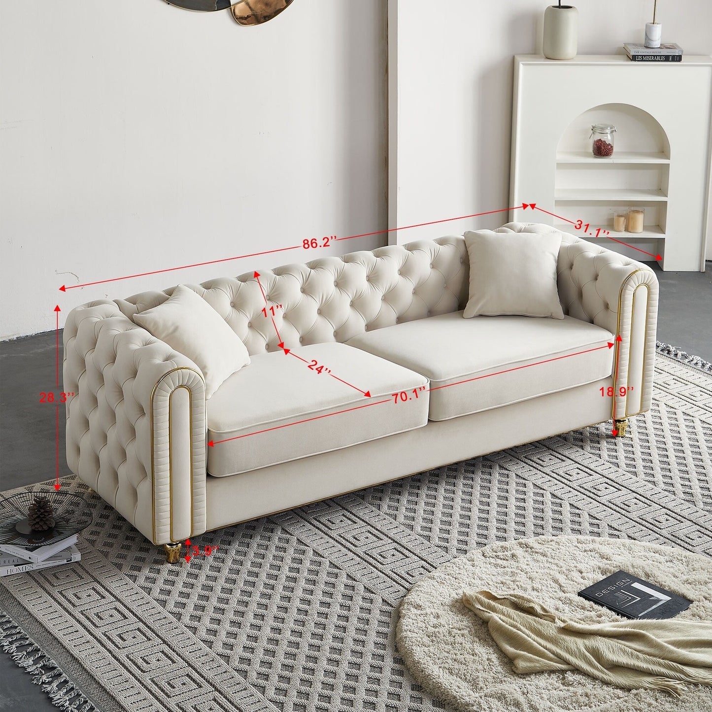 Divano moderno di lusso da 86'' con 2 cuscini decorativi per soggiorno e camera da letto