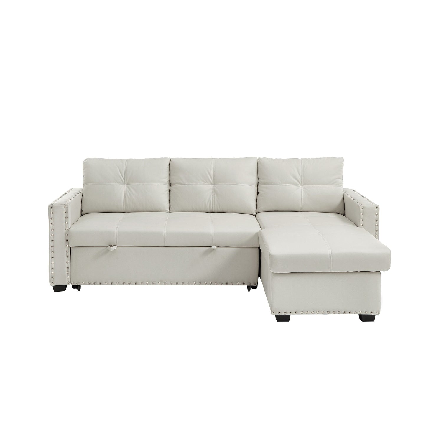 Divano letto trasformabile da 88'' a 3 posti con chaise longue contenitore, letto estraibile, finiture con borchie