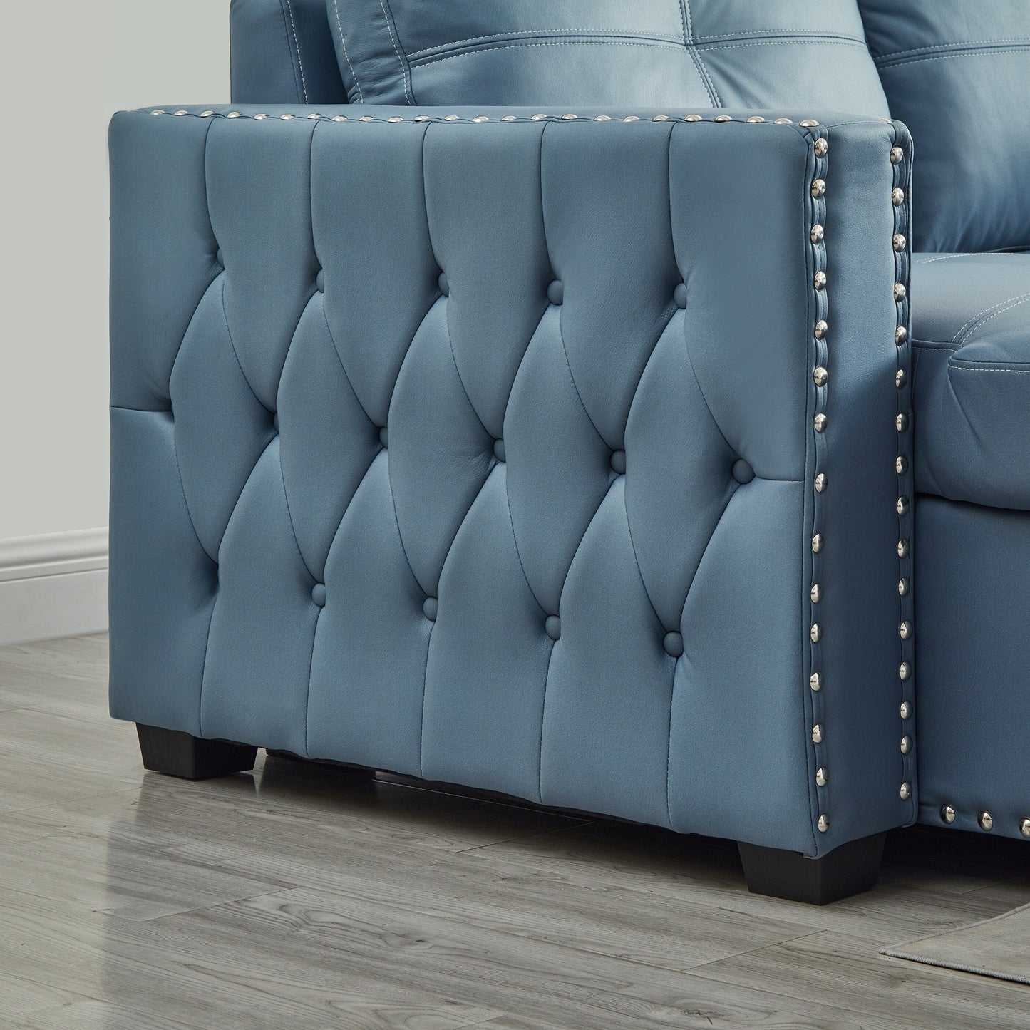 Divano letto trasformabile da 88'' a 3 posti con chaise longue contenitore, letto estraibile, finiture con borchie