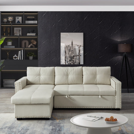 Divano letto trasformabile da 88'' a 3 posti con chaise longue contenitore, letto estraibile, finiture con borchie
