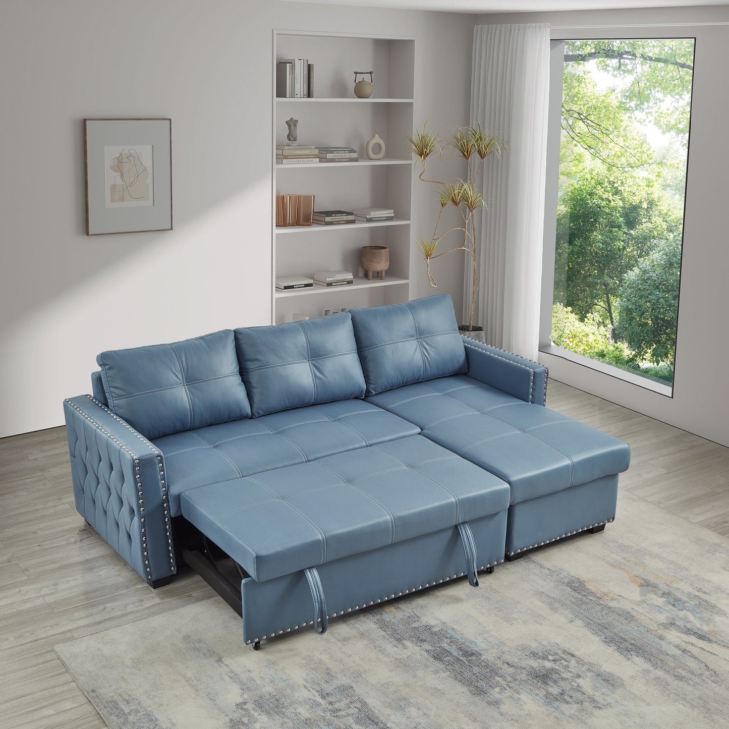 Divano letto trasformabile da 88'' a 3 posti con chaise longue contenitore, letto estraibile, finiture con borchie argentate, comoda imbottitura in spugna