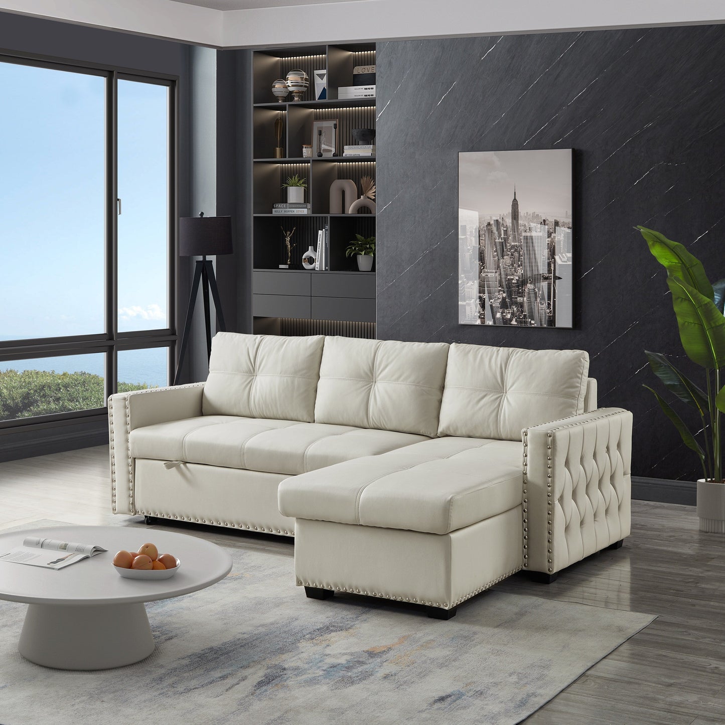 Divano letto trasformabile da 88'' a 3 posti con chaise longue contenitore, letto estraibile, finiture con borchie argentate, comoda imbottitura in spugna
