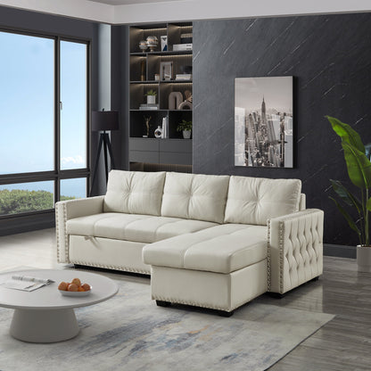 Divano letto trasformabile da 88'' a 3 posti con chaise longue contenitore, letto estraibile, finiture con borchie argentate, comoda imbottitura in spugna
