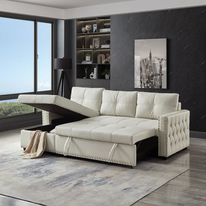 Divano letto trasformabile da 88'' a 3 posti con chaise longue contenitore, letto estraibile, finiture con borchie argentate, comoda imbottitura in spugna
