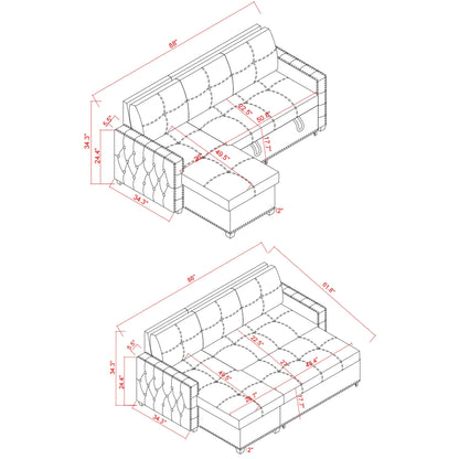 Divano letto trasformabile in microfibra da 88'' a 3 posti con chaise longue contenitore e funzione letto estraibile