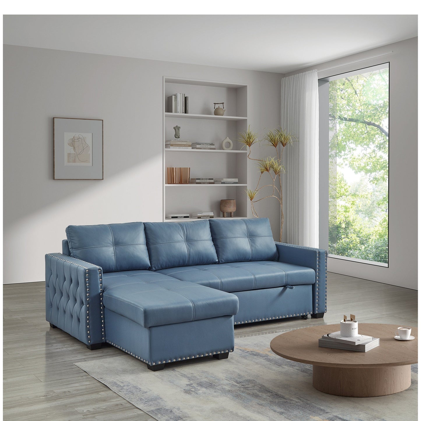 Divano letto trasformabile in microfibra da 88'' a 3 posti con chaise longue contenitore e funzione estraibile