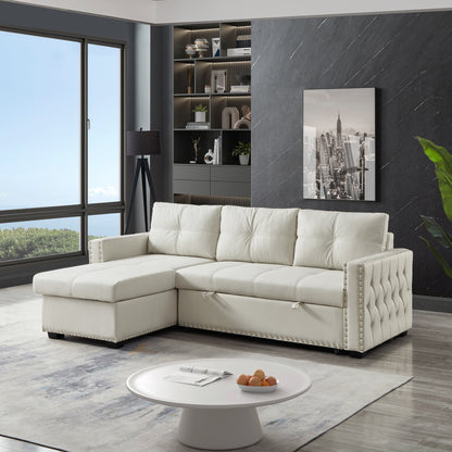 Divano letto trasformabile in microfibra da 88'' a 3 posti con chaise longue contenitore e funzione estraibile