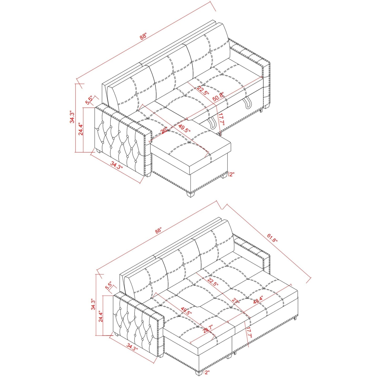 Divano letto trasformabile in microfibra da 88'' a 3 posti con chaise longue contenitore e funzione estraibile