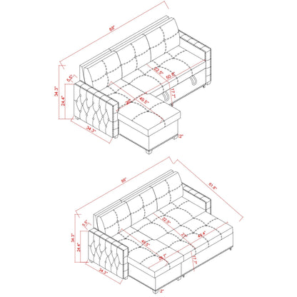 Divano trasformabile in microfibra da 88'' con letto estraibile e chaise longue contenitore