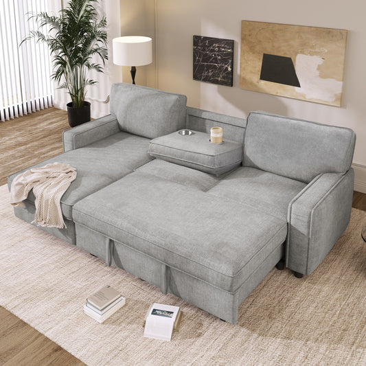 Divano letto a L in poliestere da 89'' con letto estraibile, porte USB, chaise longue contenitore e portabicchieri