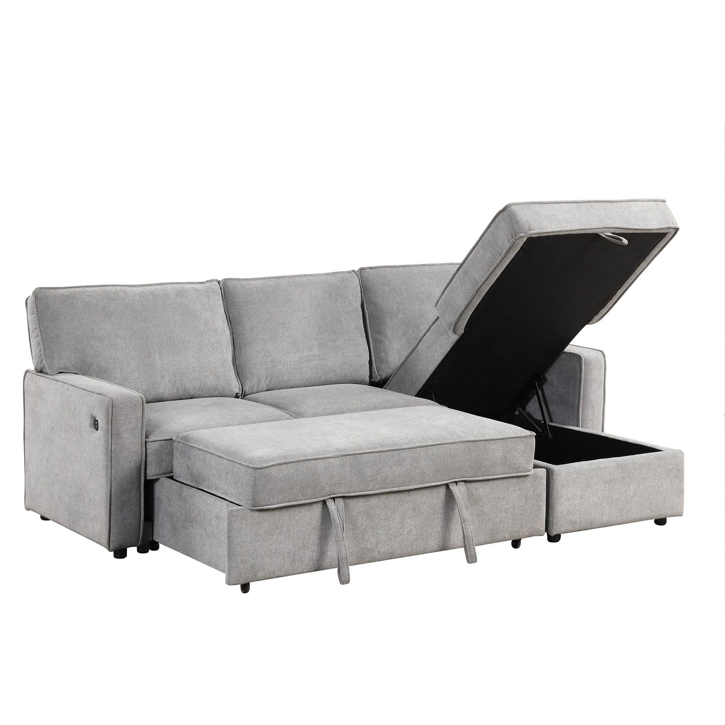 Divano letto a 3 posti in poliestere da 89'' con letto estraibile, porta USB, pouf contenitore e portabicchieri integrati