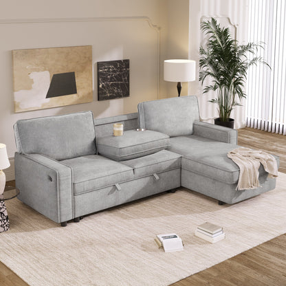 Divano letto in poliestere da 89'', 3 posti con letto estraibile, ricarica USB, pouf contenitore e portabicchieri integrati