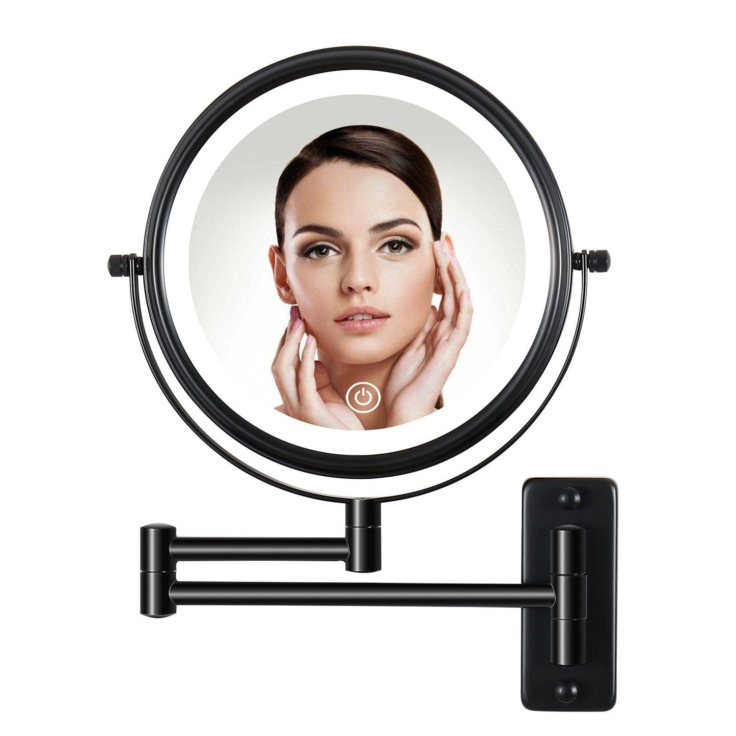 Specchio da trucco rotondo da parete per bagno, ricaricabile, ingrandimento 1x/10x, 3 luci colorate