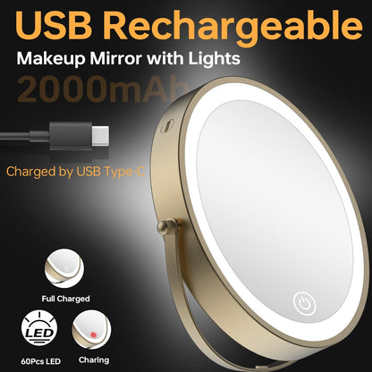 Specchio da trucco rotondo da parete per bagno, ricaricabile, ingrandimento 1x/10x, 3 luci colorate