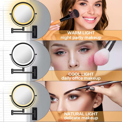 Specchio da trucco rotondo da parete per bagno, ricaricabile, ingrandimento 1x/10x, 3 luci colorate