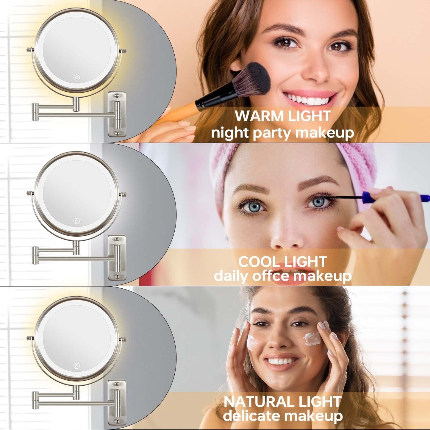 Specchio da trucco rotondo da parete per bagno, ricaricabile, ingrandimento 1x/10x, 3 luci colorate
