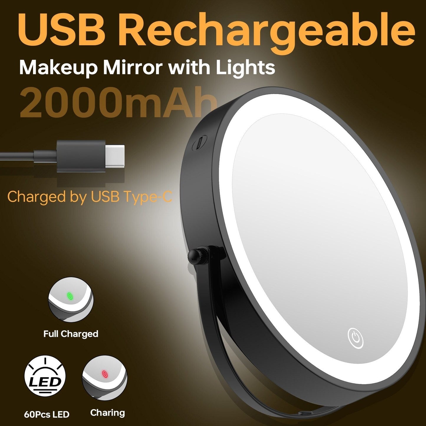 Specchio da trucco rotondo da parete per bagno, ricaricabile, ingrandimento 1x/10x, 3 luci colorate