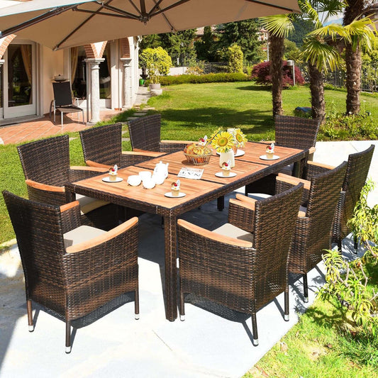 Set da pranzo da esterno in rattan, set da conversazione impilabile, 9 pezzi